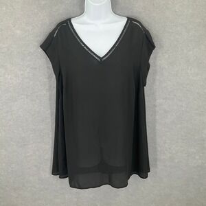 DR2 Top Sz 1X‎ Black V-Neck Cap Sleeve Laser Cutout Sheer Blouse Lightweight